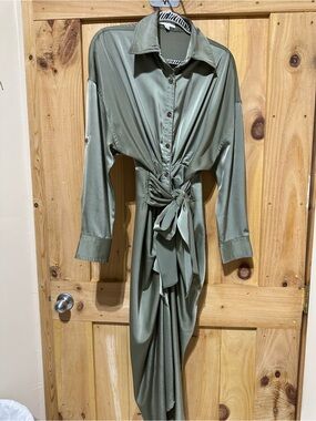 Olive Green Tie-Waist Shirt Dress